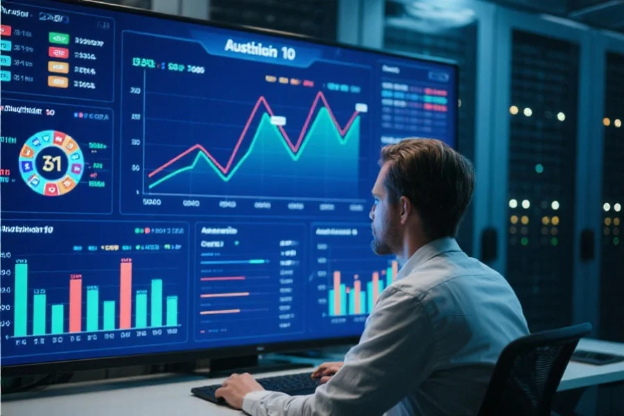 数据分析师在高科技数据中心分析澳洲幸运10游戏数据，屏幕上显示各种增长曲线和统计图表